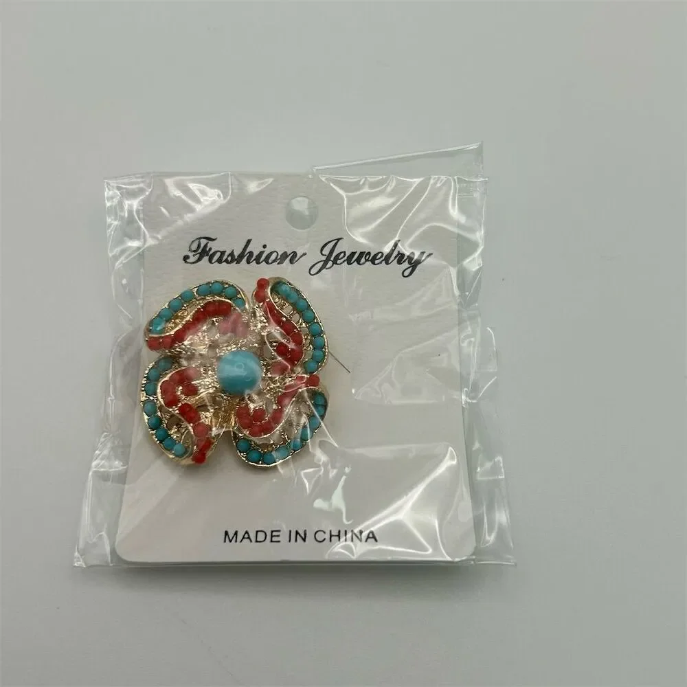 Textured 3D Faux Turquoise and Red Beaded Flower Brooch Pin Wavy Design